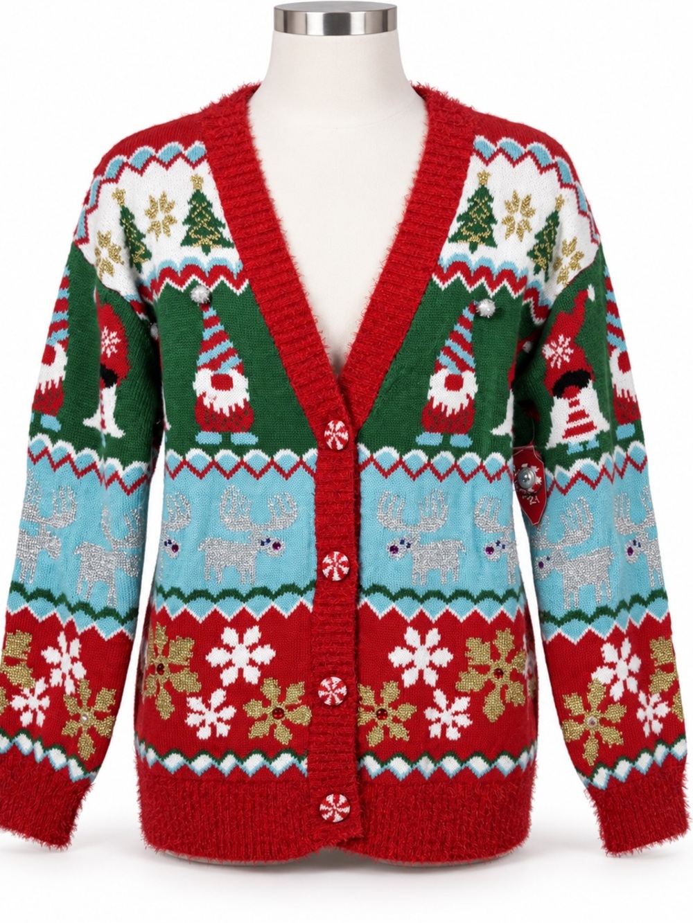 Holiday Time Red Green & Light Blue Ugly Christmas Gnome SweaterCardigan Sz M